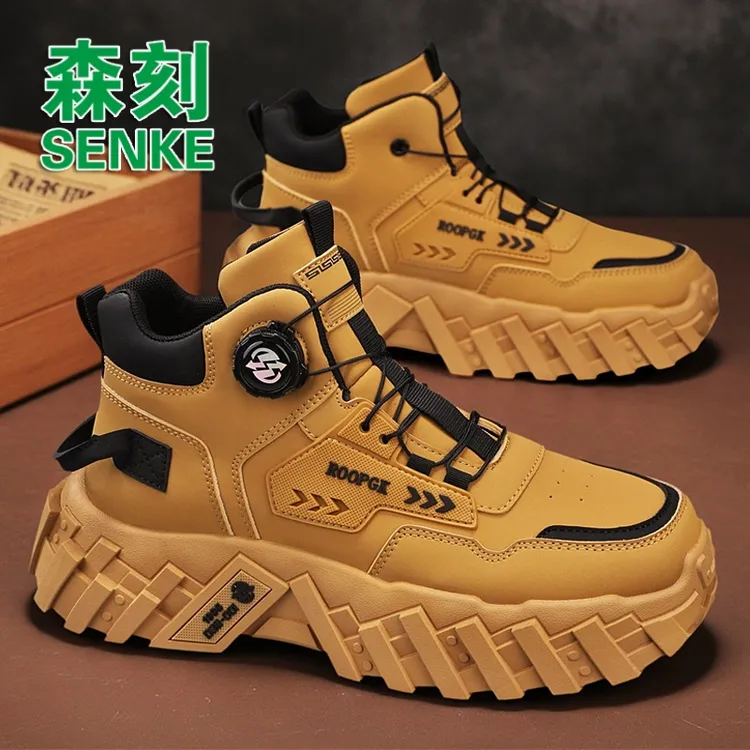 森刻男鞋秋季时尚新款旋转扭扣高帮工装靴男士防滑耐磨厚底马丁靴