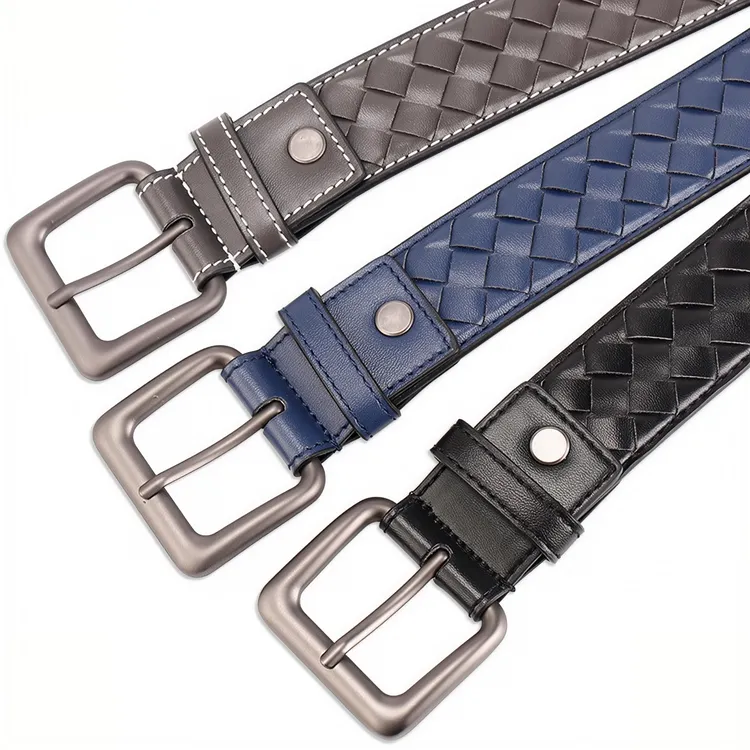 BV手工编织真皮休闲轻职风男士格纹皮带潮流百搭商务牛仔腰带男款