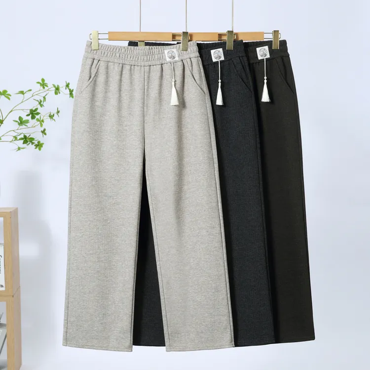 妈妈春秋款国风裤子中老年女宽松百搭直筒裤冬季高腰休闲加绒裤
