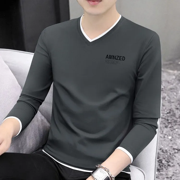 高品质新款长袖T恤男士衣服休闲春秋衣上衣男装潮流V领体恤打底衫