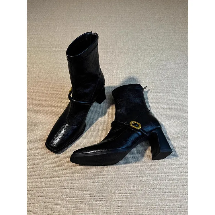 复古英伦风方头粗跟高跟短靴瘦瘦靴女法式2025冬后拉链弹力时装靴