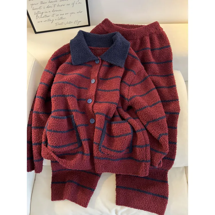 复古红撞色开衫针织半边绒睡衣女冬季新款加厚条纹长裤家居服套装