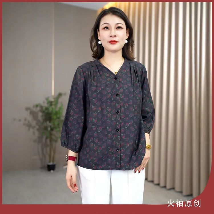 火袖G1616中老年妈妈装V领衬衣女早秋新款宽松型显瘦长袖印花衬衫
