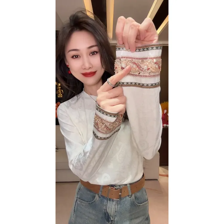 新中式高级感重工提花长袖T恤女冬季新款百搭洋气圆领套头上衣ins