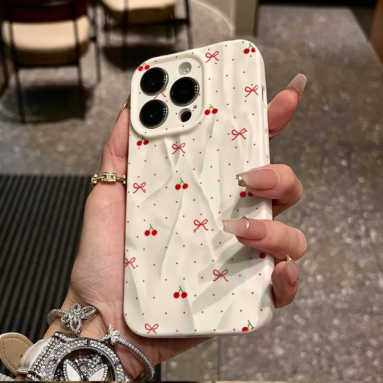 小樱桃蝴蝶结适用iphone16苹果15pro手机壳14plus褶皱13磨砂12/11