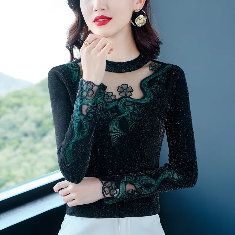 黑色网纱打底衫女春秋季妈妈时尚洋气内搭半高领长袖上衣薄款秋衣