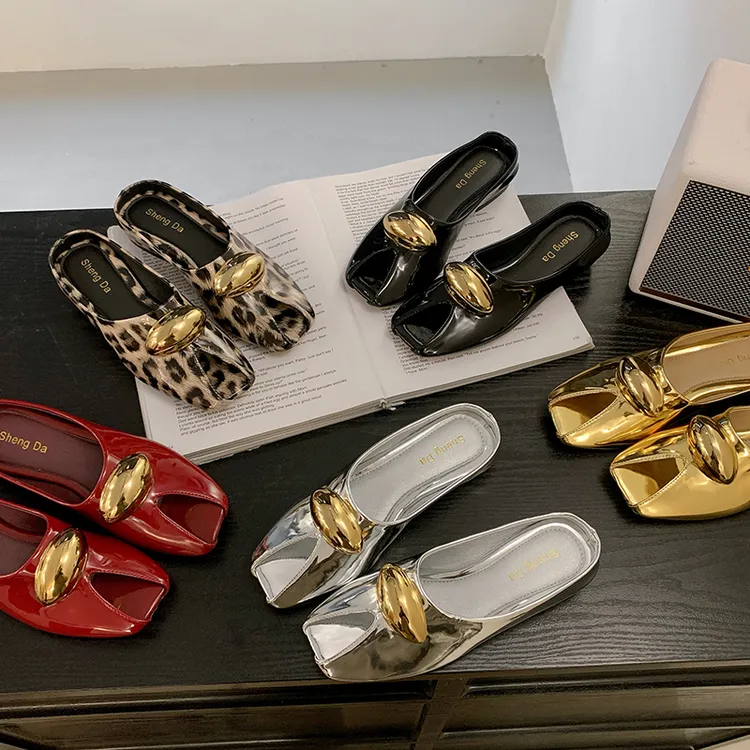 休闲风浅口平底胶粘鞋银色包头拖韩版气质软底时尚法式平底鞋