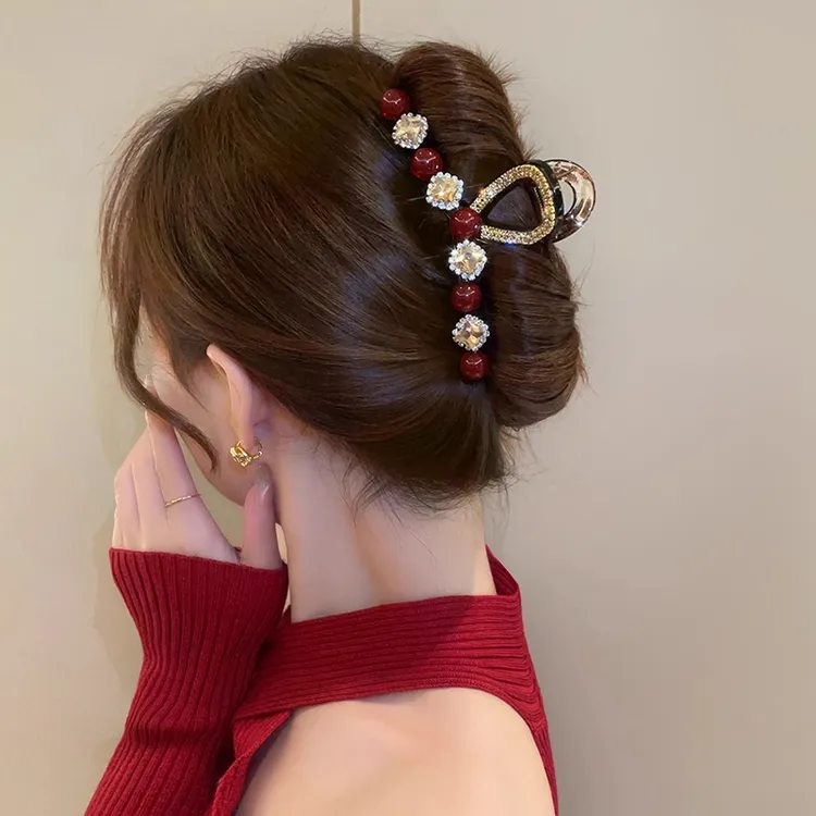 2025新款玫瑰花红珠珠抓夹女发夹方钻红珠珠后脑勺盘发夹发饰