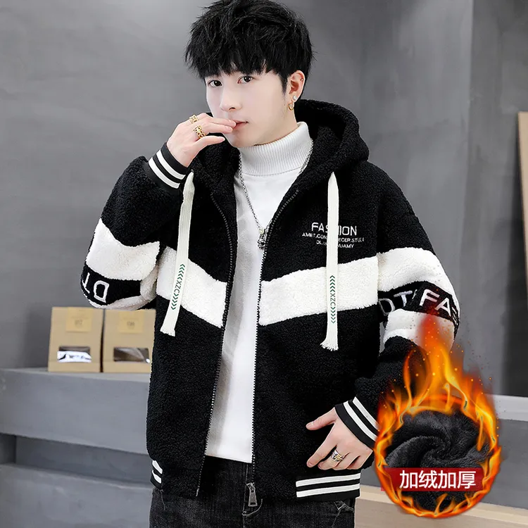 青少年黑色拼色羊羔绒加厚外套男初高中学生摇粒绒夹克棉衣保暖冬