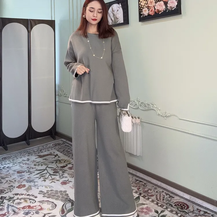 新款高端舒服抗起球面料上衣阔腿裤两件套套装