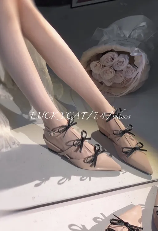 LUCKYCAT 5cm坡跟蝴蝶结包头凉鞋女外穿百搭气质仙女风后绊带凉鞋