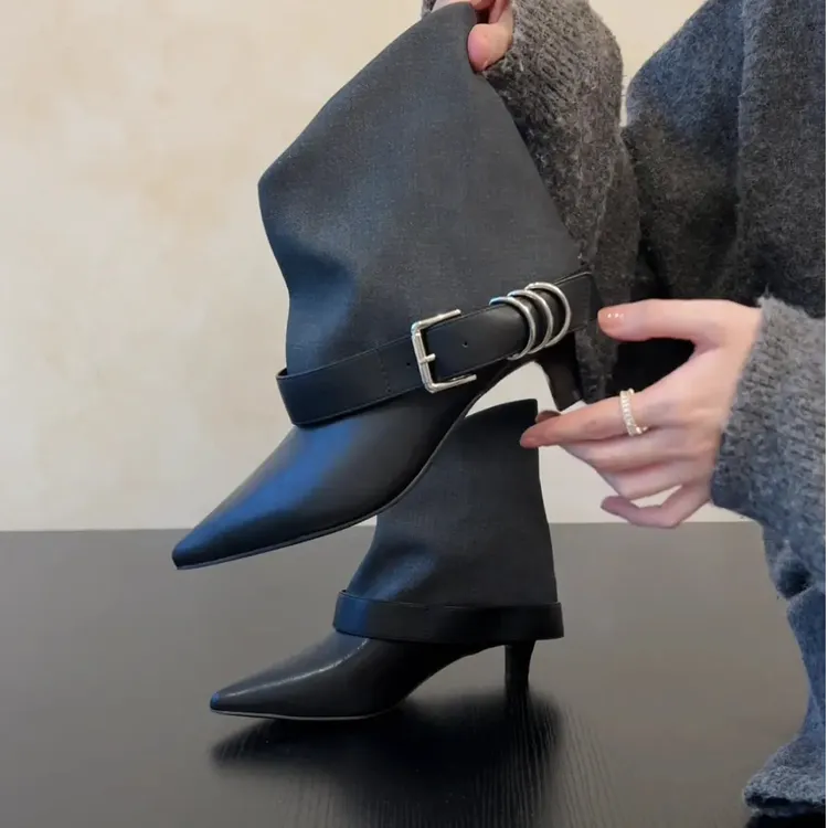 4.5cm轻职风尖头裤管靴短筒靴粗跟低跟显瘦靴子
