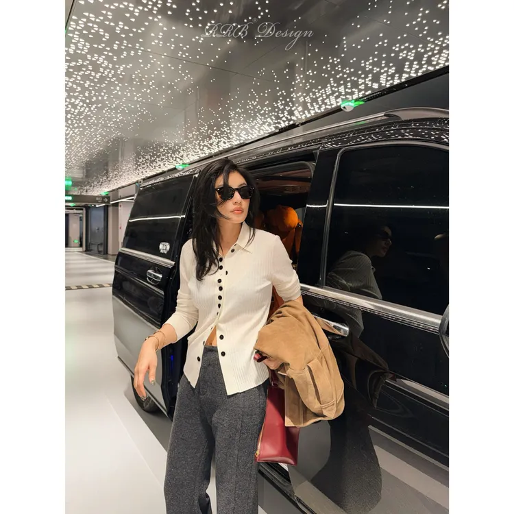 RRB Design 100%绵羊毛纯色修身百搭气质显瘦单排扣针织开衫