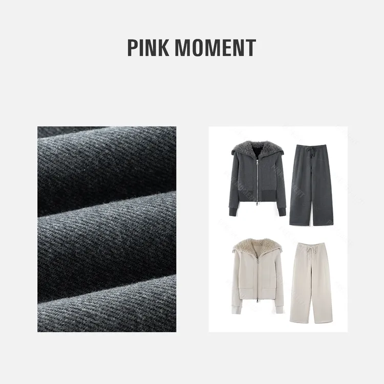 PM王囡囡 深灰/杏色双头拉链拼毛毛帽修身厚绒两件套 ND1D2075