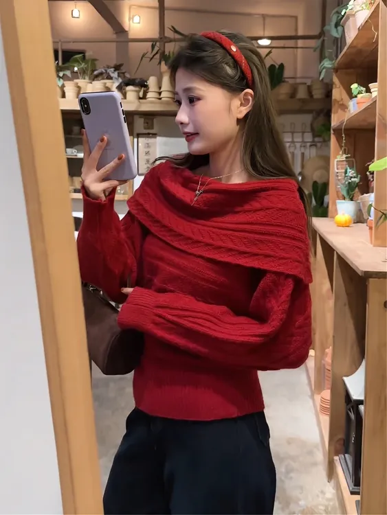 韩系圣诞氛围穿搭奶fufu红色毛衣女秋冬2025冬季新款慵懒宽松上衣