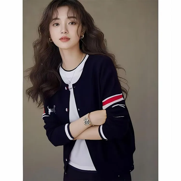 宽松设计感时尚拼色毛衣外套女士2025春秋新款百搭休闲刺绣针织衫