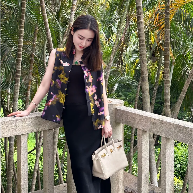 JESSICA WU古典雅致~超美配色新中式桑蚕丝复古印花无袖马甲