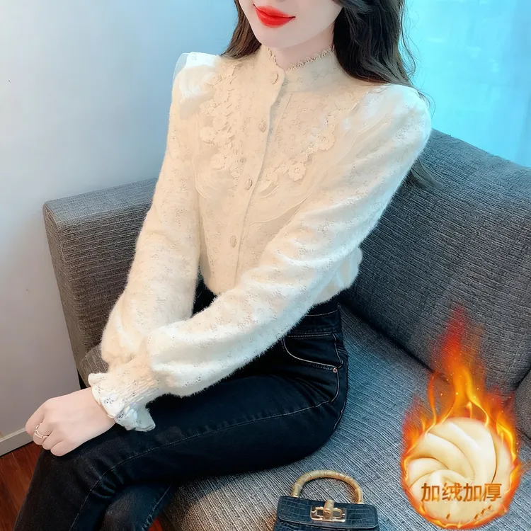 加绒加厚蕾丝打底衬衫女士秋冬2025新款法式高档长袖上衣减龄衬衣