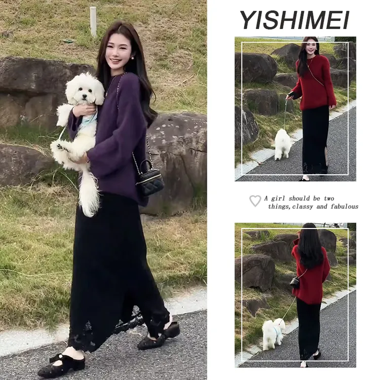 今年流行超火秋冬穿搭2025新款圆领百搭针织上衣高腰半身裙两件套