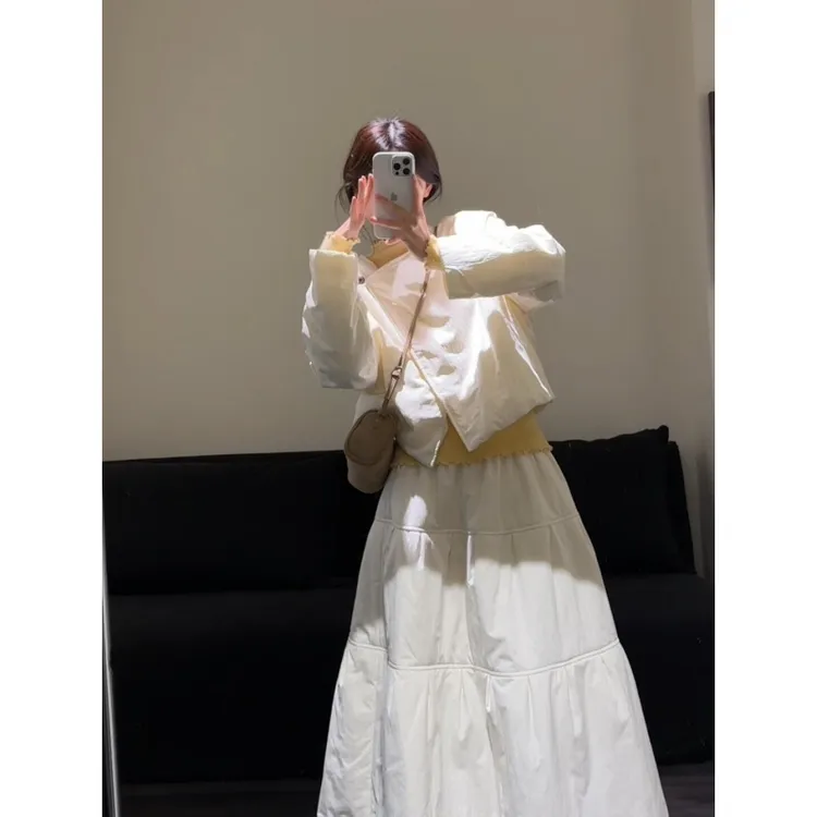 MARIE.COCO韩系斜襟一粒扣棉服外套女内搭黄色上衣拼接棉裙三件套
