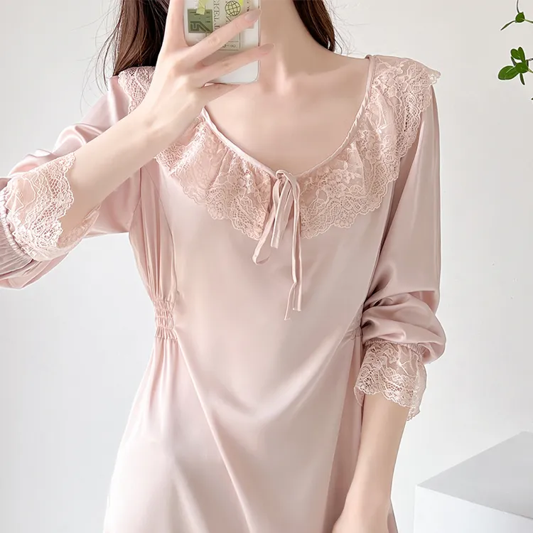 巴韦那奇真丝睡裙女长款性感蕾丝桑蚕丝睡裙春夏秋季高端丝绸睡衣
