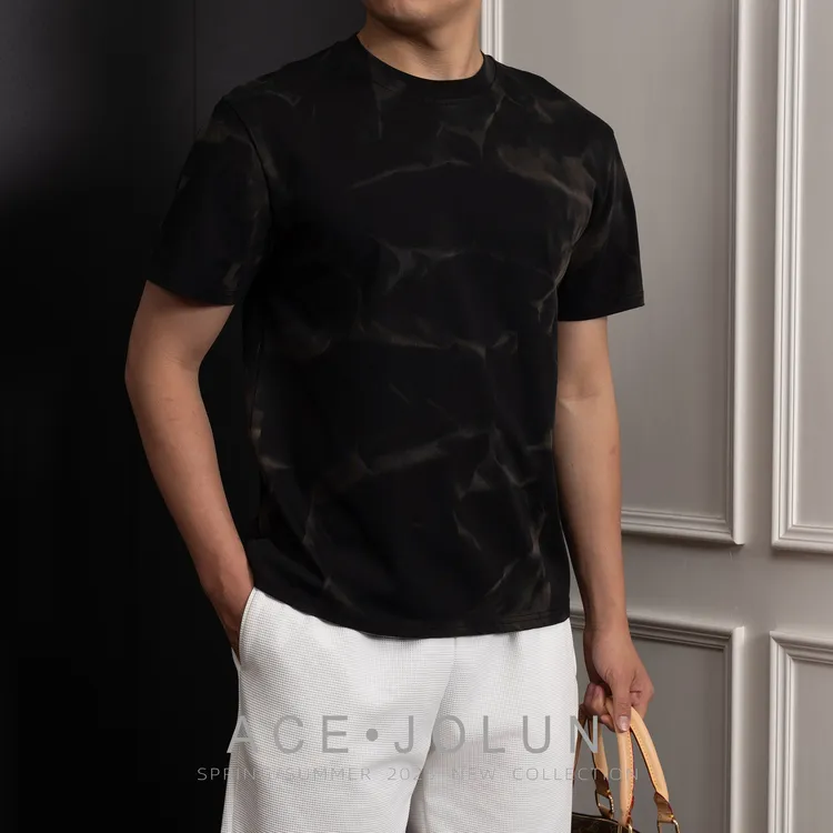 【墨水波纹】冰感棉抗皱短袖T恤夏季男士轻奢重工水洗圆领宽松上衣