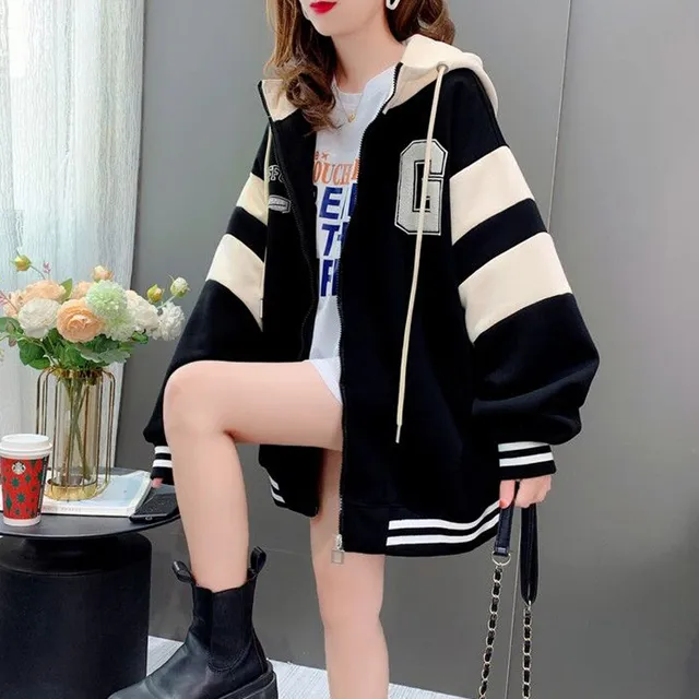 连帽卫衣拉链开衫外套女秋冬拼色时尚百搭加绒加厚宽松学生棒球服