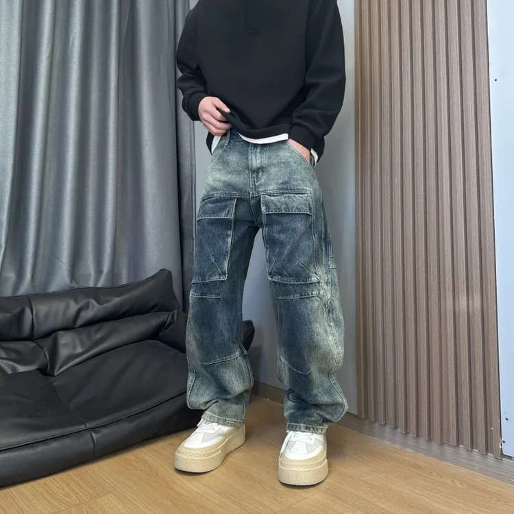 美式高街复古做旧休闲撞色水洗百搭垂感直筒弯刀裤阔腿男士牛仔裤