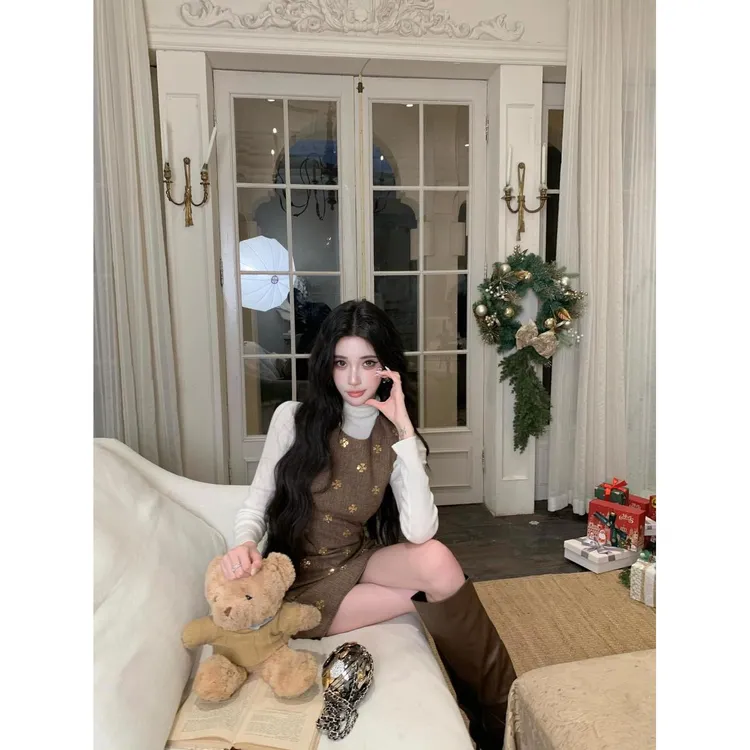 法式复古小香风高级感气质名媛打底衣背心千金连衣裙两件套