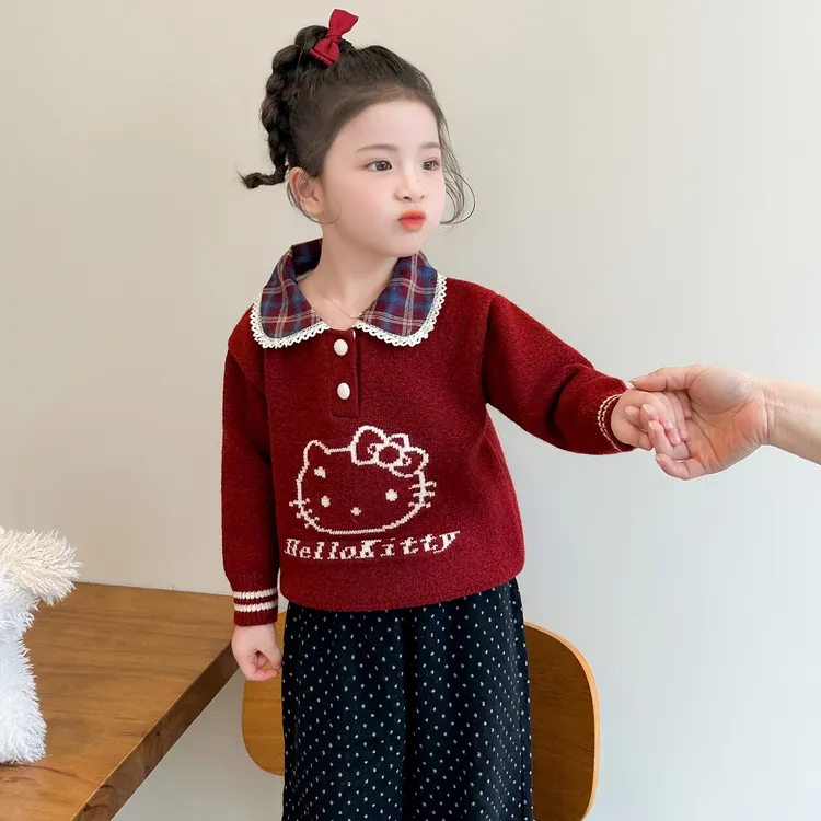 女童卡通翻领毛衣秋冬季2025新款洋气儿童韩版时髦保暖冬装针织衫