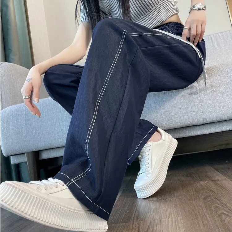 薄款软牛仔阔腿裤女冰丝休闲宽松显瘦小个子垂感深蓝直筒裤子夏季