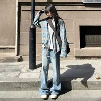 A7#帅就完了！美式磨毛格纹长袖衬衫男女春秋风琴口袋慵懒风衬衣
