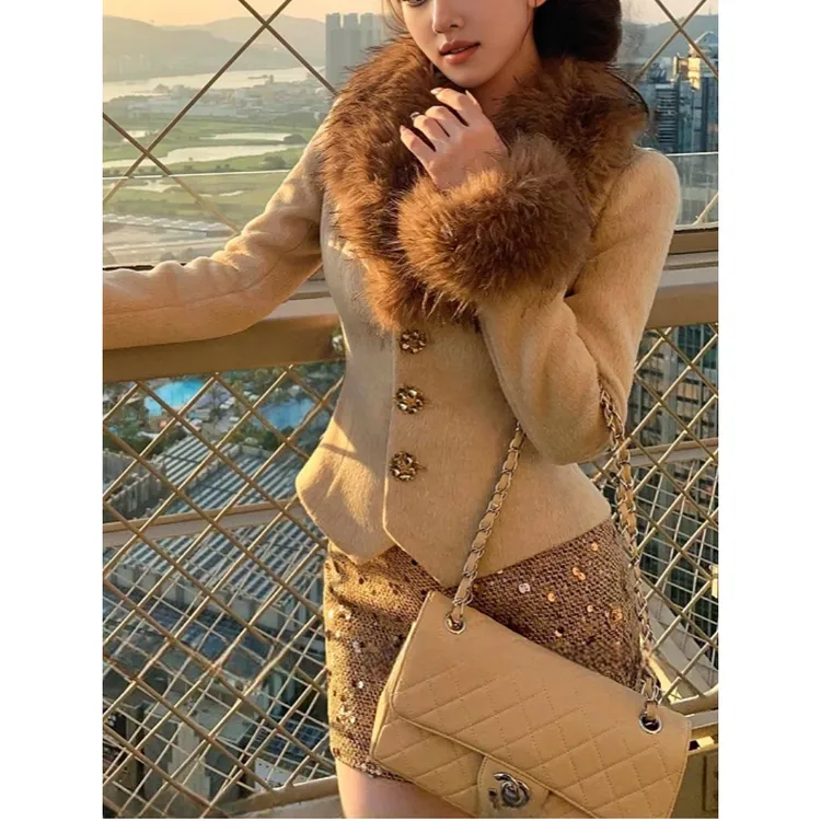 MOXI摩登主义 外套+亮片半裙日系古早感收腰外套秋冬保暖毛呢