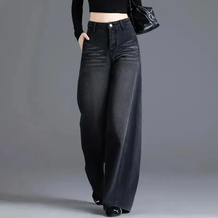 秋冬加绒阔腿牛仔裤女2025新高腰直筒裤黑色百搭显瘦休闲拖地女裤