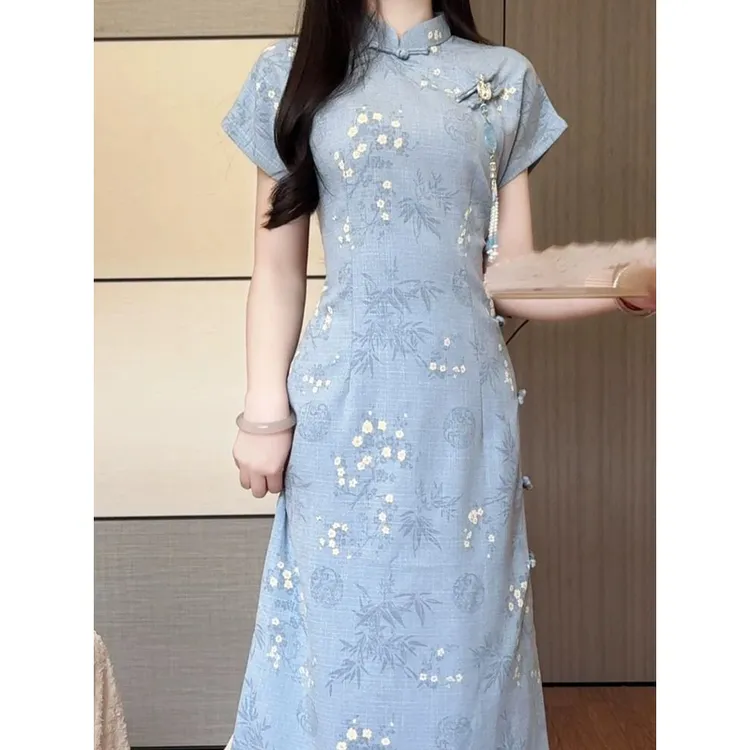 蓝色旗袍古法夏季中长款小个子2025新款新中式温柔文艺气质连衣裙