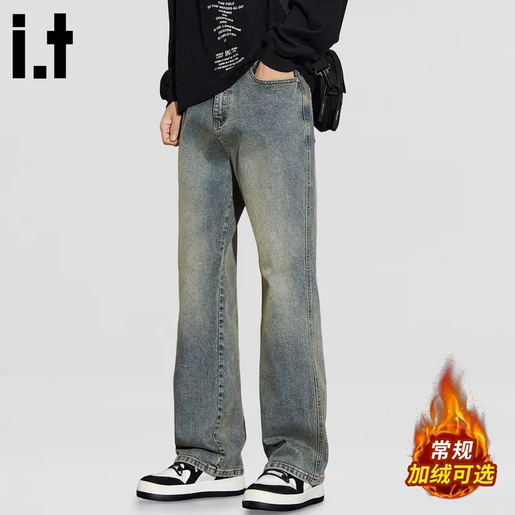 it :CHOCOOLATE美式潮牌复古微喇裤男冬季加绒加厚保暖宽松牛仔裤
