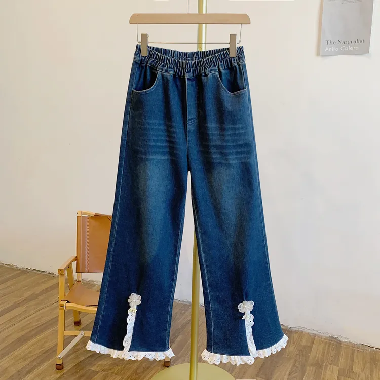 小花开叉牛Y3149小花蕾丝边前开叉松紧腰牛仔微喇裤