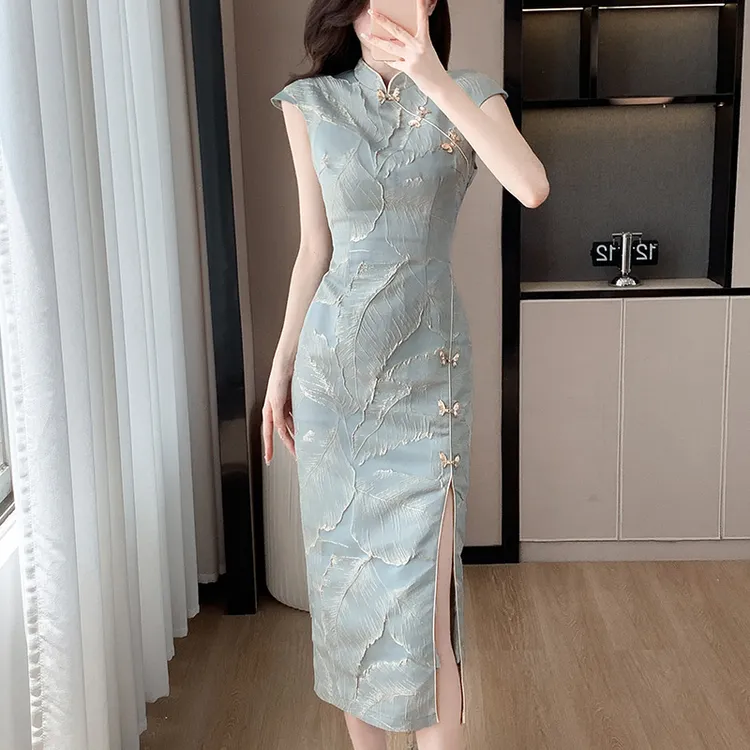 新中式国风开叉连衣裙女夏高端气质修身显瘦优雅法式包臀改良旗袍