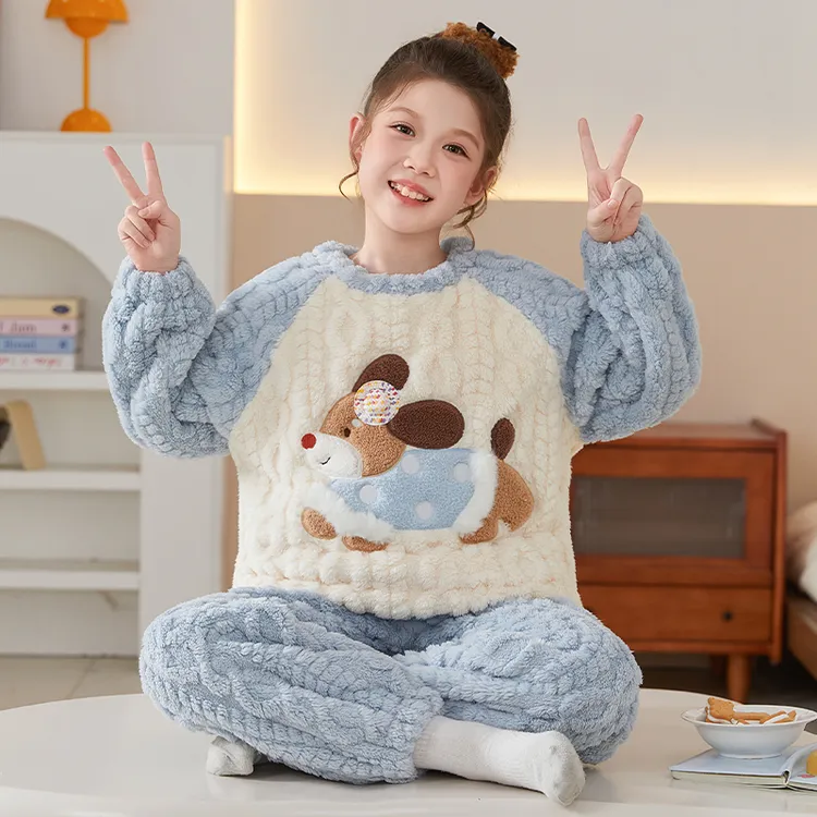 儿童睡衣新款法兰绒套装小女孩加绒加厚珊瑚绒女童卡通家居服