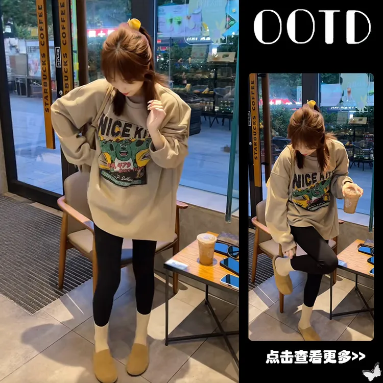 超火秋季穿搭一整套女2025新款圆领宽松印花卫衣百搭鲨鱼裤两件套