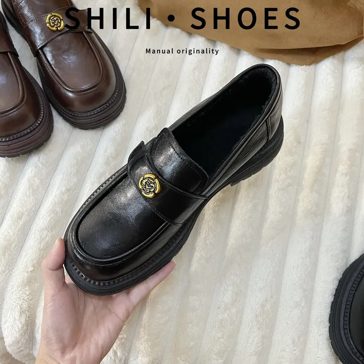 牛皮版~厚底乐福鞋女一脚蹬通勤外穿增高小个子轻奢女款鞋子