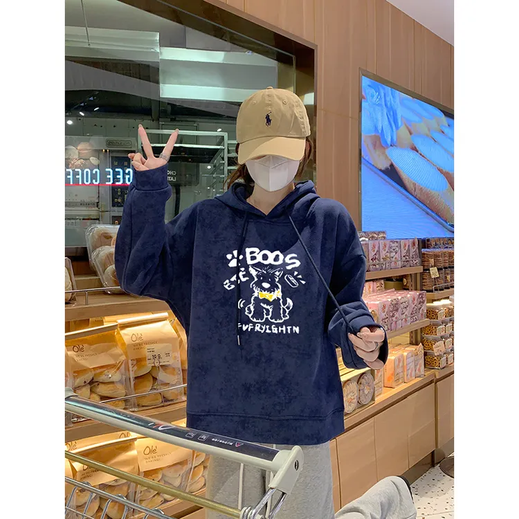 藏青色扎染短款连帽卫衣外套女2025新款秋冬加绒加厚小众长袖上衣