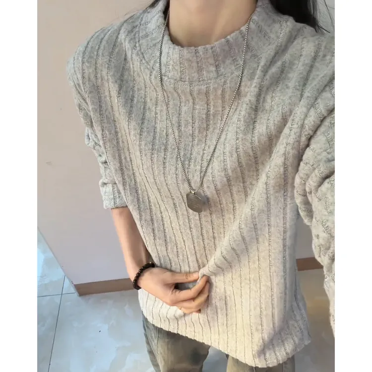 浅灰色半高领肌理感长袖t恤男款秋冬正肩廓形卫衣内搭叠穿打底衫