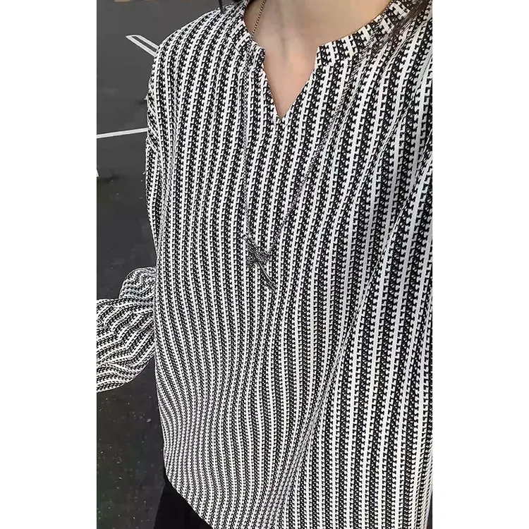 黑白条纹v领长袖t恤男女秋季美式松弛感重磅卫衣高级感内搭打底衫
