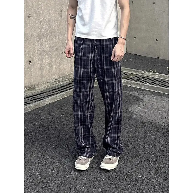 cleanfit美式高街格子休闲裤男女夏季薄款慵懒风复古直筒微喇长裤