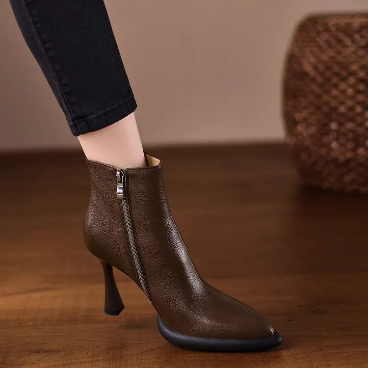 小个子手工女鞋9.5cm~尖头细跟法式短靴女2025秋冬新款百搭时装靴