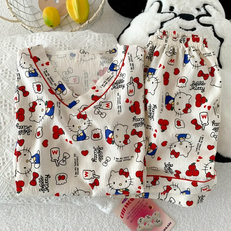 睡衣女夏季2025新款短袖短裤卡通可爱学生少女云朵棉家居服两件套