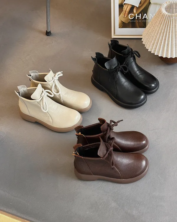 舒适系带防滑秋冬短筒圆头马丁靴百搭靴子真皮方头复古英伦风冬季