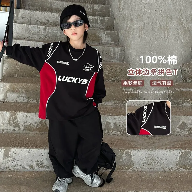 男童时尚宽松拼色长袖春秋季100%棉帅气柔软休闲亲肤上衣23344