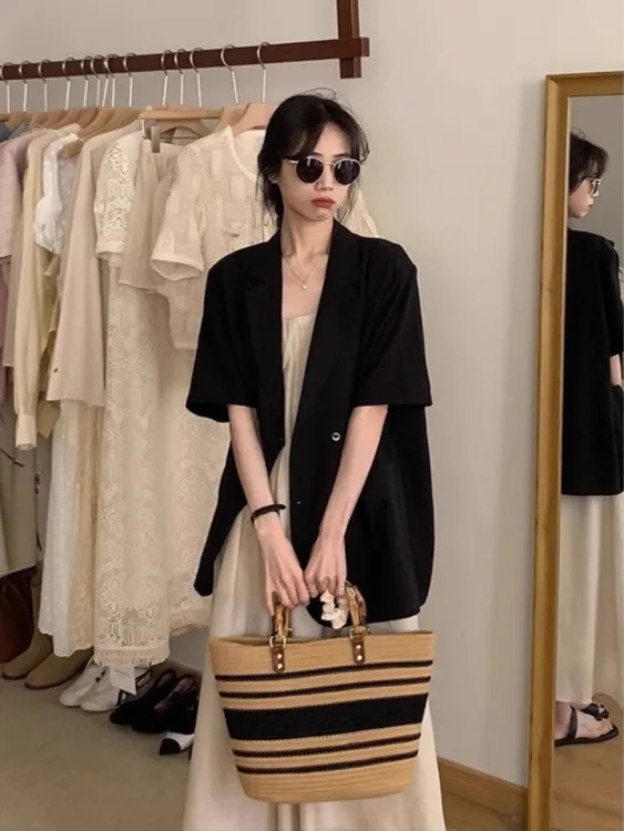 夏季新款小西装女薄款外套2025夏天百搭垂感显瘦短袖黑色西服外搭